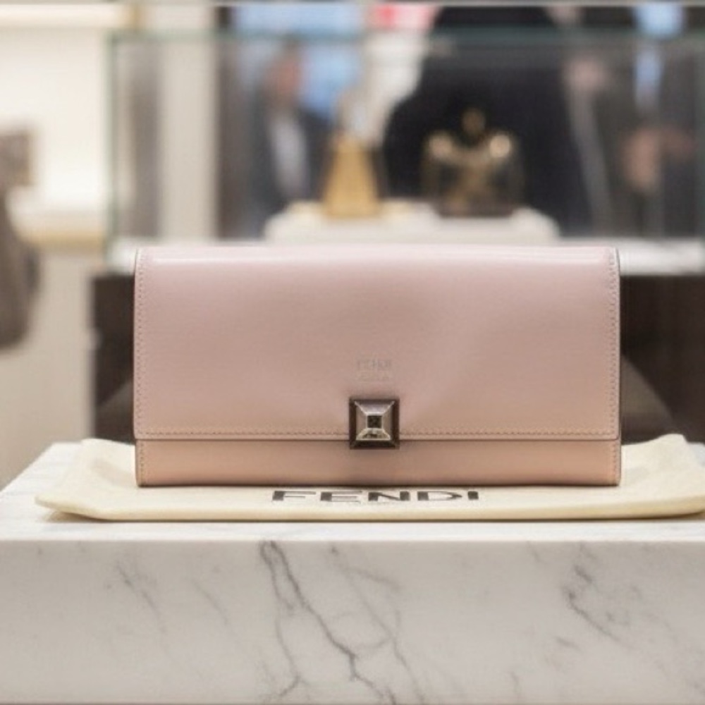 Fendi pink leather long Wallet with dust bag with Stud Accent
